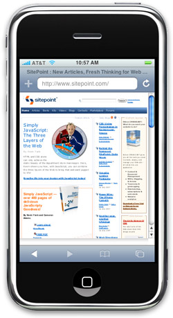 Screenshot of sitepoint.com as viewed in the iPhoney application