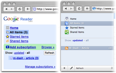 A before and after comparison of the navigation bar of Google Reader, as styled by Jon Hicks"