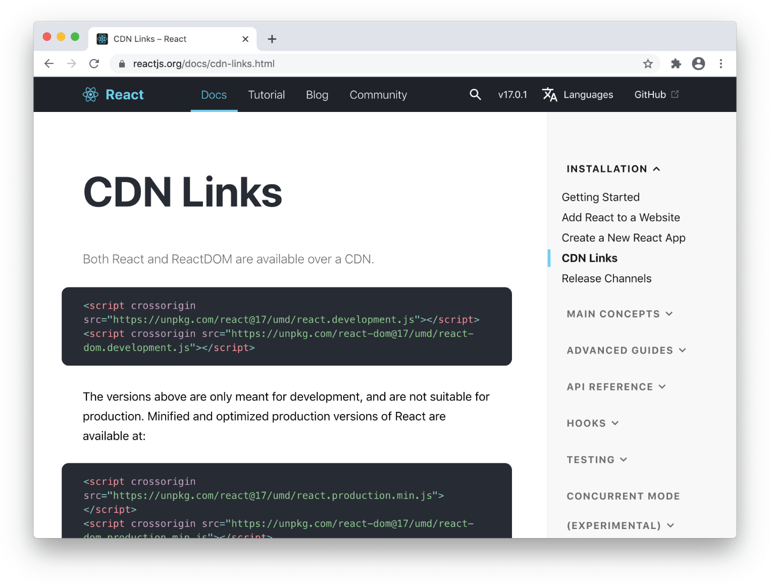 Snapshot shows the React CDN Links