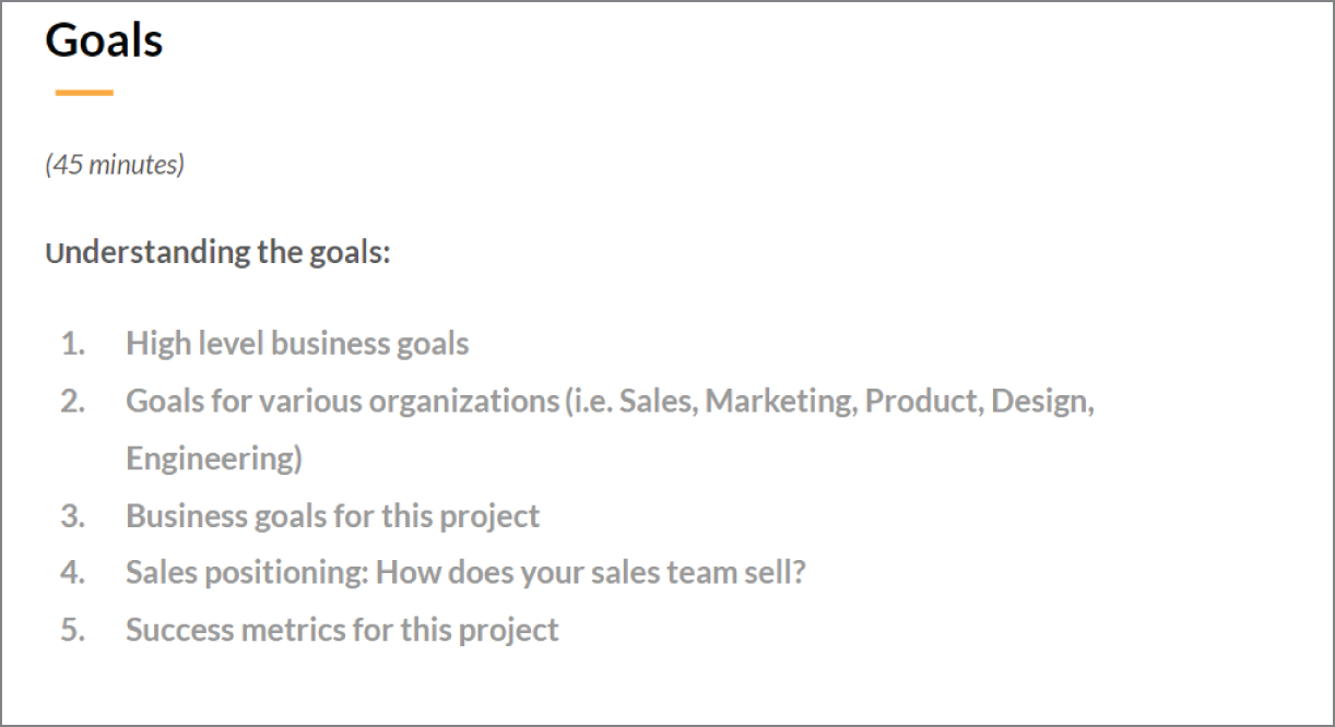 Screenshot of a simple slide deck with five points to help participants understand the goals and become more familiar with the process.