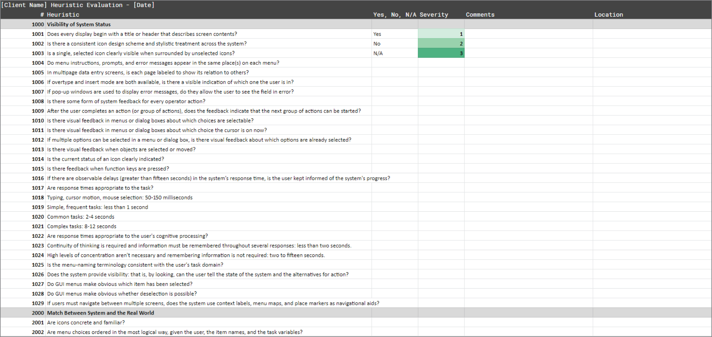 Screenshot of a spreadsheet depicting a heuristic evaluation that helps customers know exactly where their issues are and where their system stands.