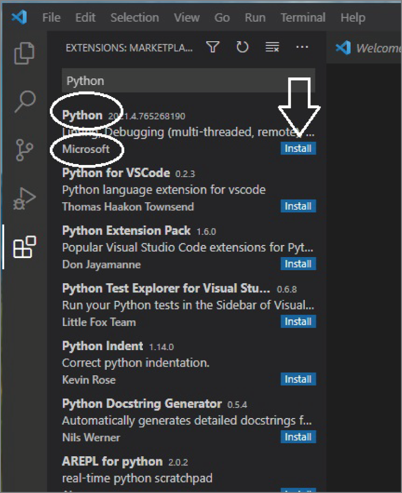 Snapshot of installing the Python Extension