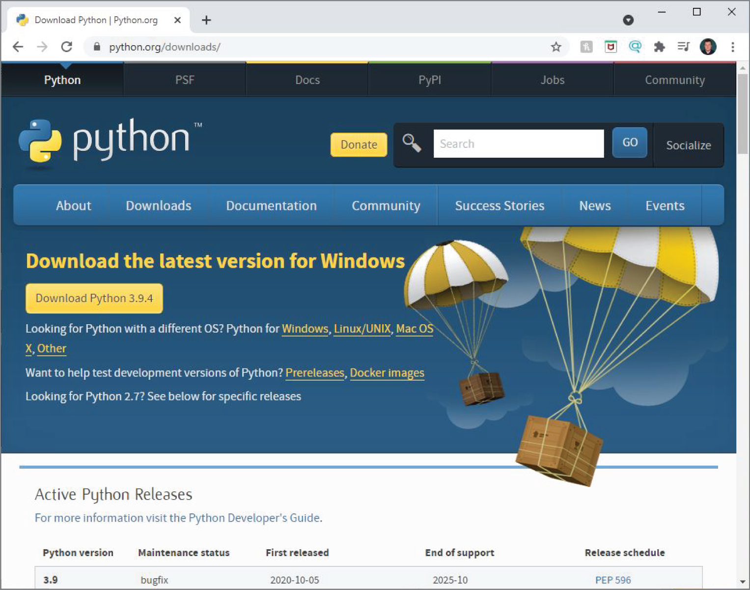 Snapshot of Python download page