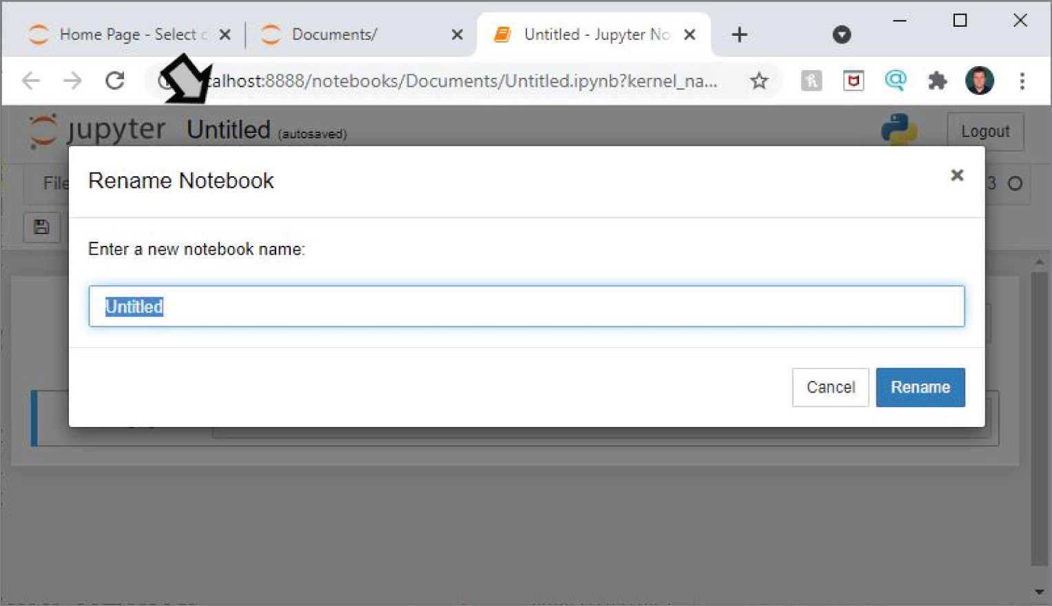 Snapshot of renaming a file in Jupyter Notebook