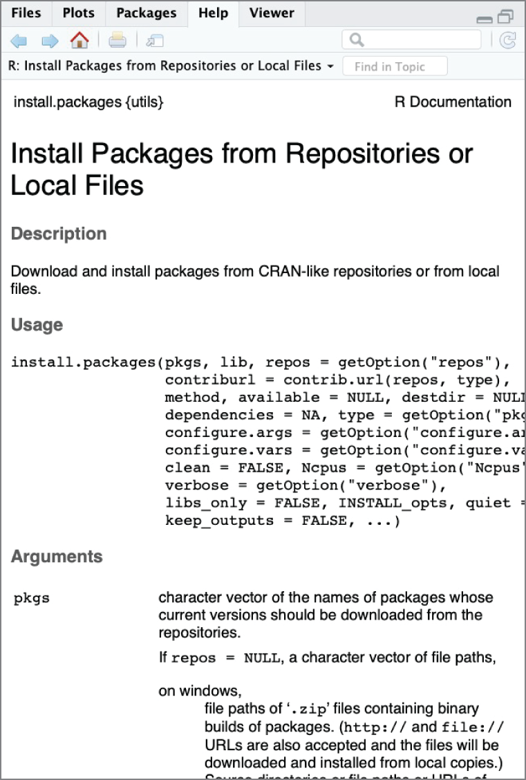 Snapshot of the Help tab in RStudio displaying the documentation for the install.packages() command.