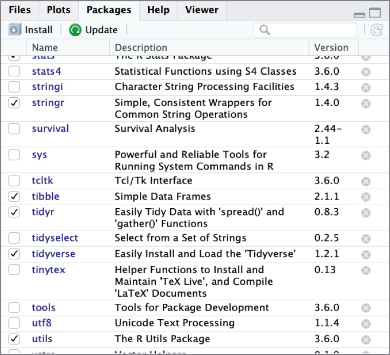 Snapshot of the Packages tab in Rstudio which allows to view and manage the packages installed on a system.