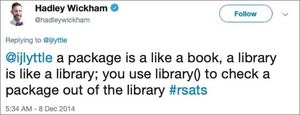 Snapshot of Hadley Wickham on the distinction between packages and libraries.
