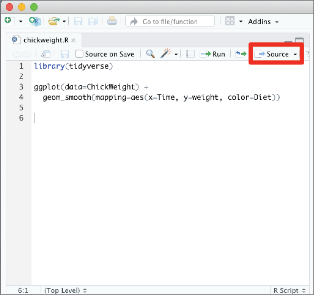 Snapshot of the Source button in RStudio runs the entire script.