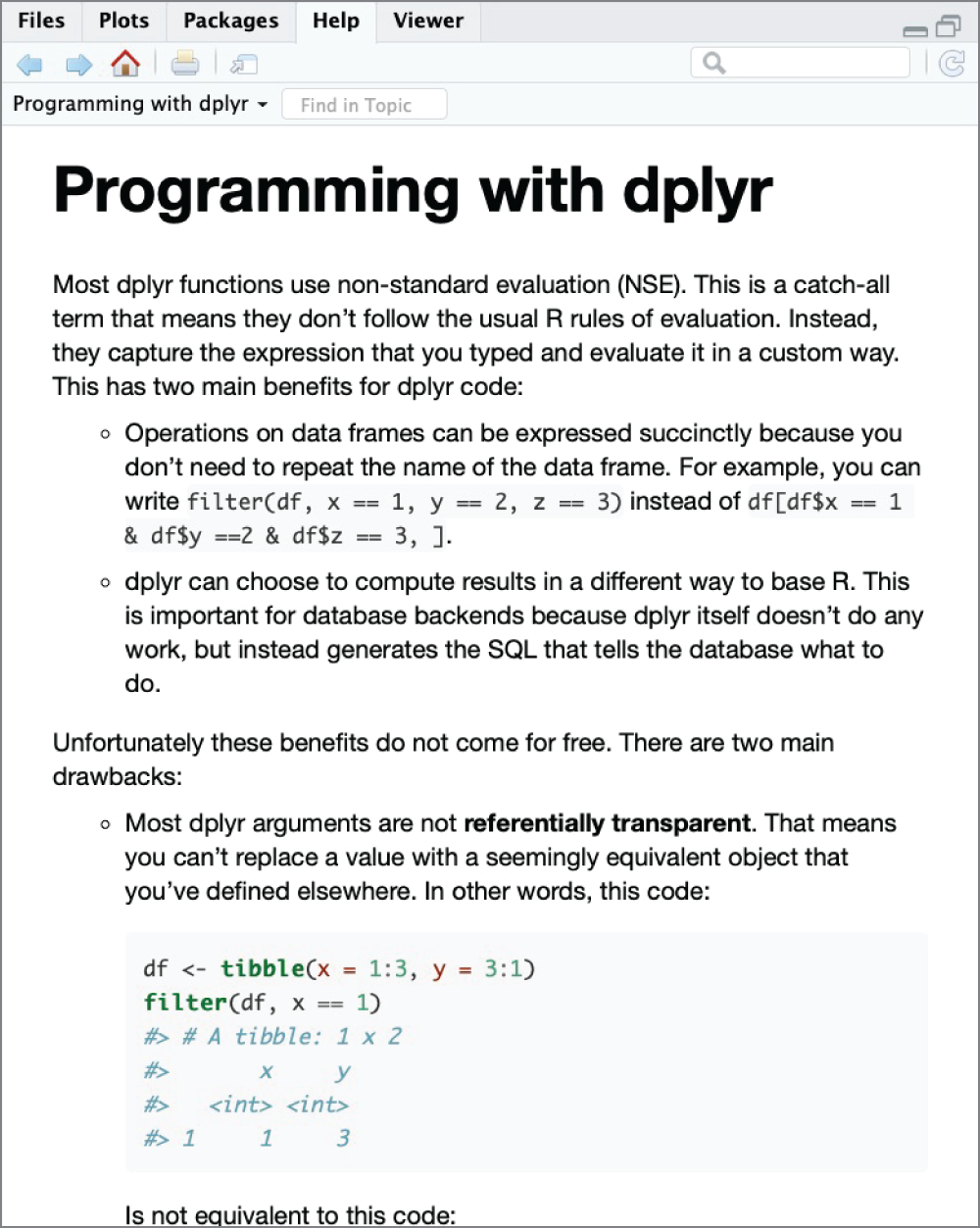 Snapshot of RStudio displaying the programming vignette from the dplyr package.