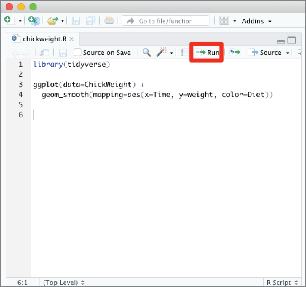 Snapshot of the Run button in RStudio runs the current section of code.