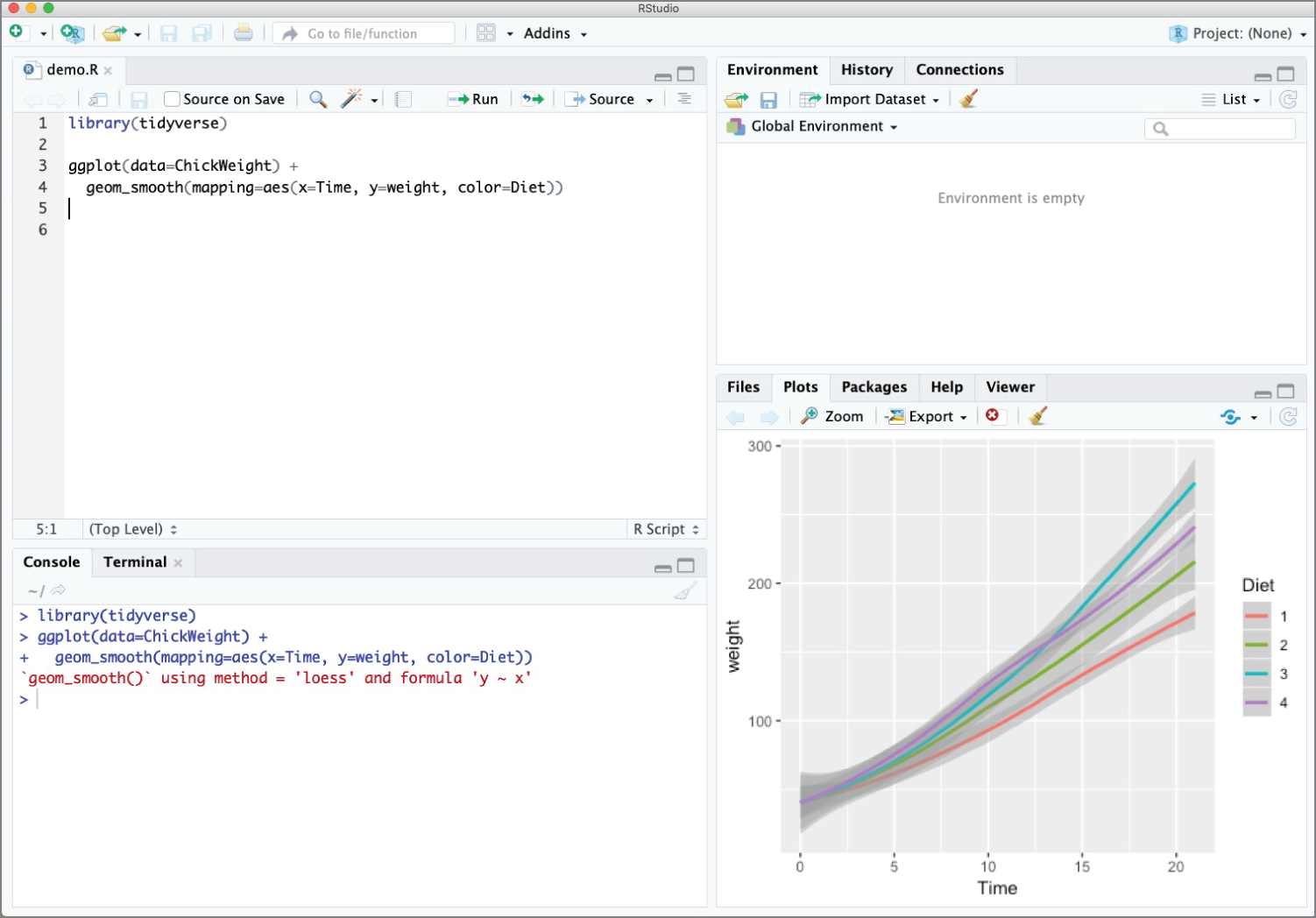 Snapshot of the RStudio Desktop offering an IDE for Windows, Mac, and Linux systems.