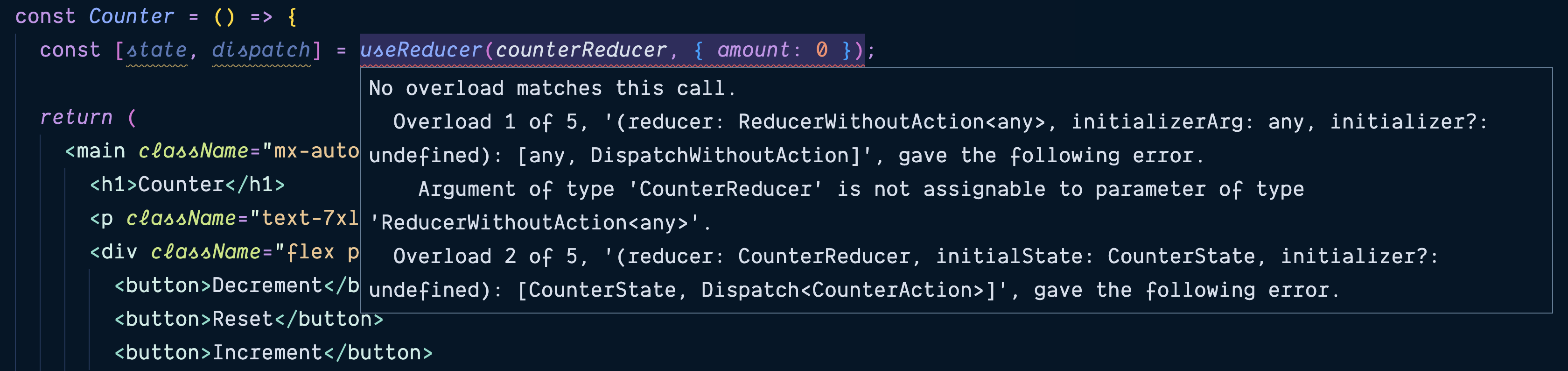 TypeScript won&rsquo;t allow us to pass an invalid initial state to a reducer with useReducer