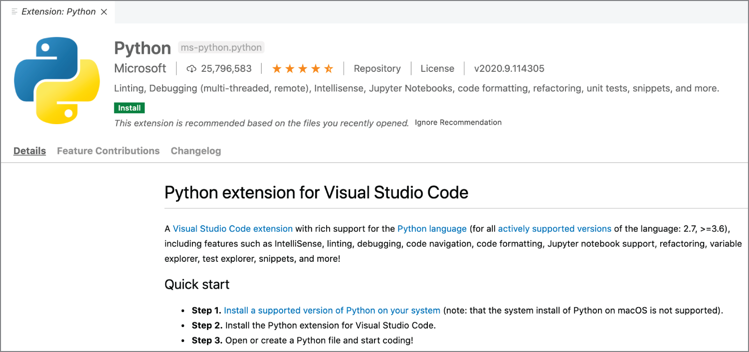 Snapshot of the Python extension page displays helpful information about the extension.