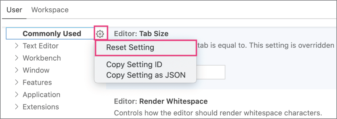 Snapshot of the Reset Settings menu option resets the setting to the default value.