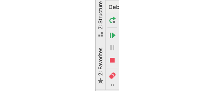 Figure 1.49: Actions to control execution&mdash;the green play icon  is the Resume Program button 