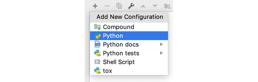Figure 1.17: Adding a new Python configuration in the Run/Debug Configuration window 