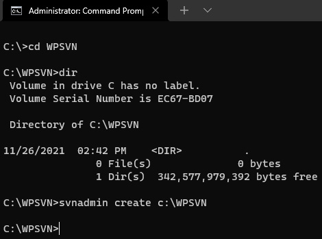 Figure 1.4 &ndash; Creating a local Subversion repository with command-line tools