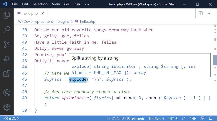 Figure 1.9 &ndash; Visual Studio Code interface with PHP function data 