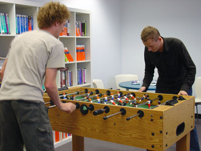SitePoint co-founder Matt Mickiewicz claims a narrow victory in foosball