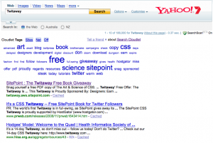 A Yahoo search for 'twitaway' using the Cloudlet plugin reveals related terms like 'SitePoint' and 'book'