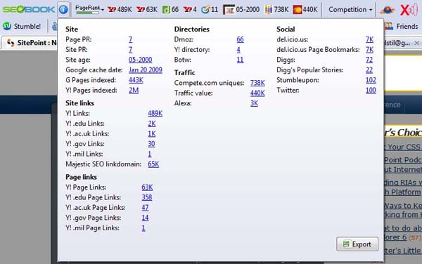 SitePoint Advanced Info pulled in by the SEO Toolbar.