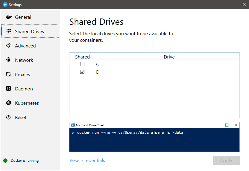 Docker shared drives on Windows