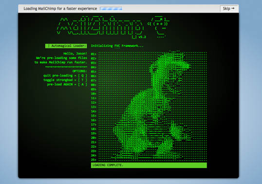A screenshot of the ASCII version of Freddie Von Chimpenheimer IV, MailChimp loading screen.