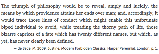A screenshot of Firefox rendering the blockquote with cite attribute code, the quoted material being the opening paragraph from Justine, by Marquis de Sade.