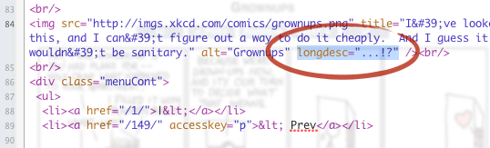 A screenshot of the markup from an xkcd comic page superimposed over the rendered page with a longdesc attribute.