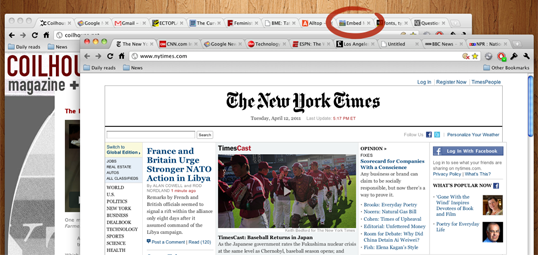 A screenshot of two Google Chrome browser windows under Mac OS X with lots of tabs open a tab highlighted as an offending music-playing page.