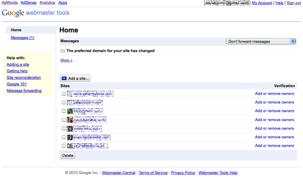 The Google Webmaster Tools home screen