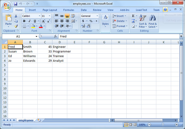 Excel showing a CSV file