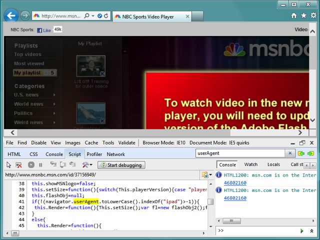 MSNBC download Flash message with Internet Explorer Developer Tools open