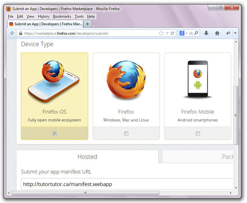 Choose the Firefox OS device type and enter the app's manifest URL.