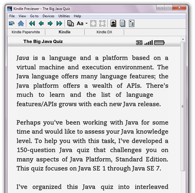 Kindle Previewer treats the introduction page as the beginning page. The page is being shown as it would appear on the basic Kindle e-ink device.