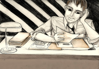 Pencil sketch of a guy at an office desk by Jem Yoshioka