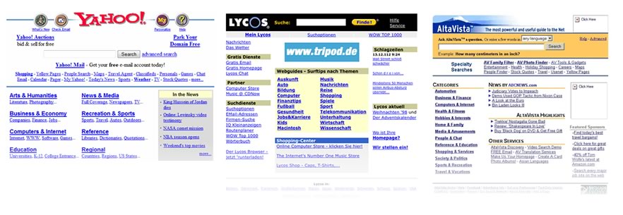 Screenshots of Yahoo, Lycos and AltaVista in the late 90's.