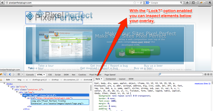 Screenshot: Pixel Perfect tab in Firebug