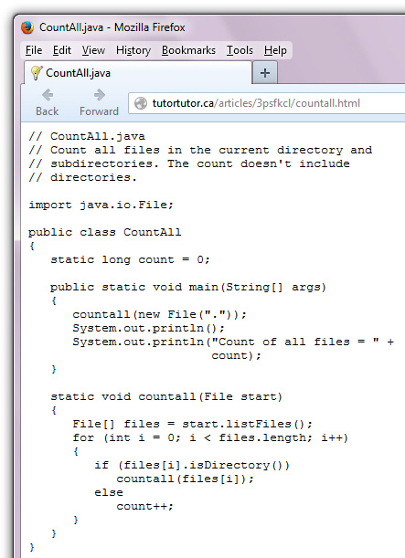 Firefox displays the CountAll.java code that’s hosted on my website.