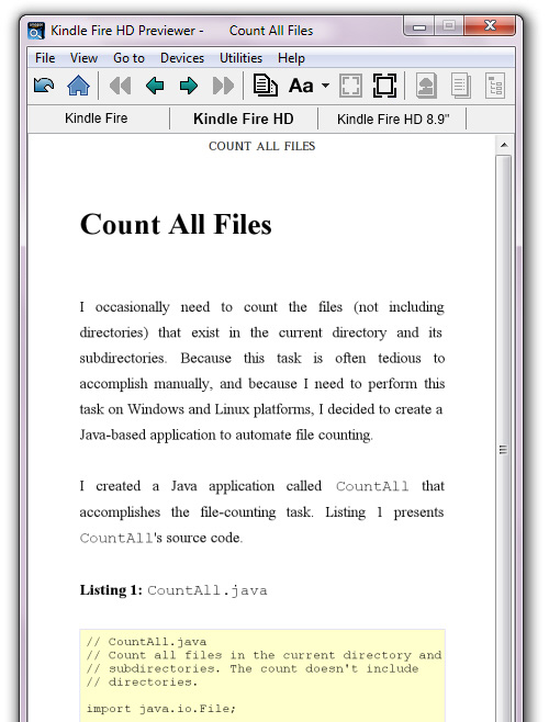 Viewing a code listing on the Kindle Fire HD device simulator.