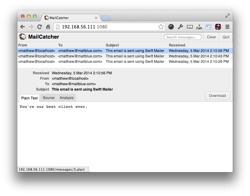 MailCatcher UI Showing Mail Content