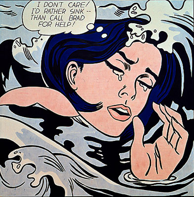 Painting: A drowning girl sobs in swirling waves thinking 'I don't care. I'd rather sink than call Brad for help".
