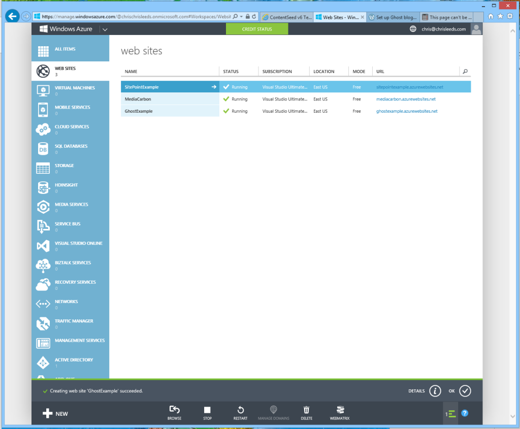 The Azure management page