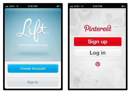 Lift and Pinterest simple login screens