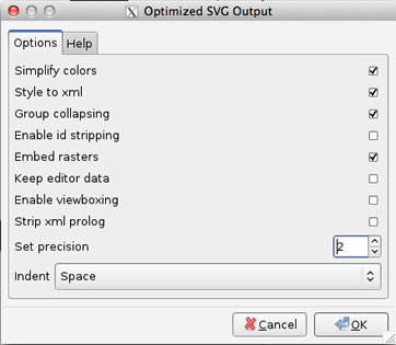 The export dialog for optimized SVGs in Inkscape.