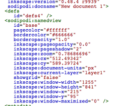 A code sample of Inkscape's  default SVG format, showin lots of unnecessary code