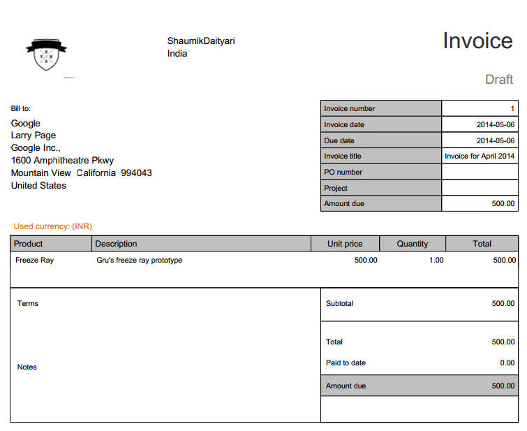 Nutcache: The generated invoice.
