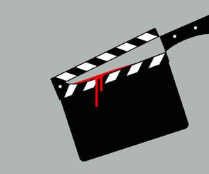 Director's clapper board with knife created with negative space