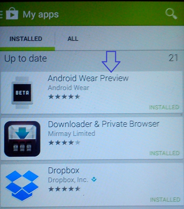 The Android Wear Preview App is shown under recently installed Apps