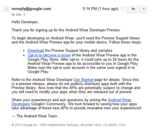 Email with the Android wear download link